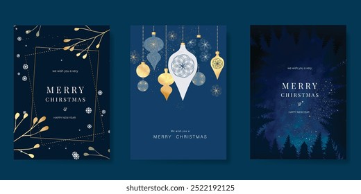 Vetor de design de cartão de convite dourado de luxo. Baile de Natal, flocos de neve, pinheiro, galho no fundo azul marinho. Ilustração de design para capa, impressão, cartaz, anúncios.