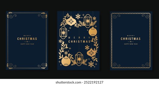 Vetor de design popular de cartão de convite de Natal de ouro de luxo. Baile de Natal, azevinho, folhas, floco de neve, quadro, lanterna no fundo azul-marinho. Ilustração de design para capa, impressão, cartaz, papel de parede.