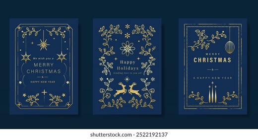 Vetor de design popular de cartão de convite de Natal de ouro de luxo. Baile de Natal, azevinho, folhas, floco de neve, quadro, rena no fundo azul-marinho. Ilustração de design para capa, impressão, cartaz, papel de parede.