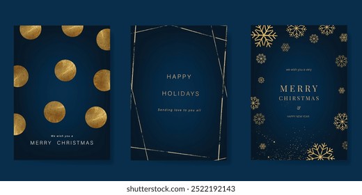 Vetor de design de cartão de convite dourado de luxo. Floco de neve de Natal, quadro com folha de ouro no fundo azul-marinho. Ilustração de design para capa, impressão, cartaz, anúncios.