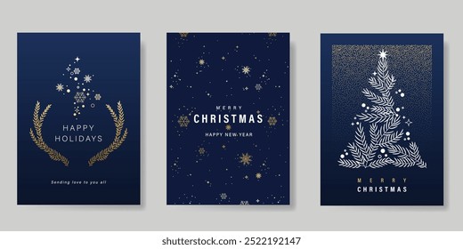 Christmas Luxury gold  invitation card design vector. Christmas pine leaves, snowflake with spot texture on navy blue background. Design illustration for cover, print, poster, ads.