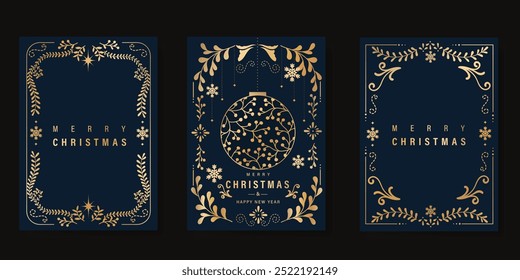 Christmas Luxury gold  invitation card folk design vector. Christmas bauble, holly, leaves, snowflake, frame on navy blue background. Design illustration for cover, print, poster, wallpaper.