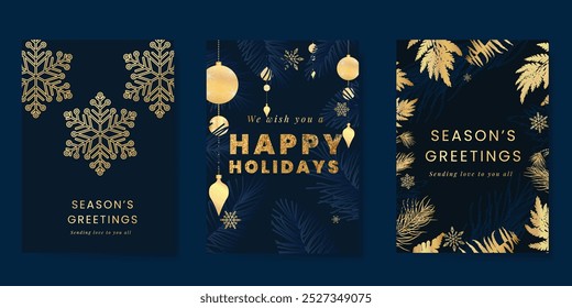 Christmas Luxury Happy Holidays invitation card design vector. Elegant Happy New Year card with leaves branch, snowflake, bauble ball, gold foil on navy blue background. Design for Seasons Greeting.