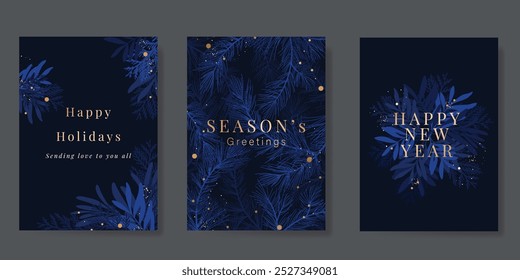 Christmas Luxury Happy Holidays invitation card design vector. Elegant Happy New Year card with leaves branch, snowflake, wine glass, gold foil on navy blue background. Design for Seasons Greeting.