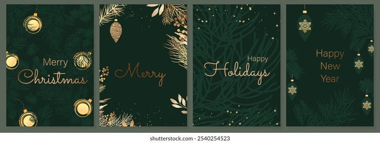 Vetor de design de cartão de convite luxuoso Happy Holidays. Elegante cartão de Ano Novo Feliz com folhas ramificação, floco de neve, bola de bolha no fundo verde. Projeto para a saudação das estações, Natal.