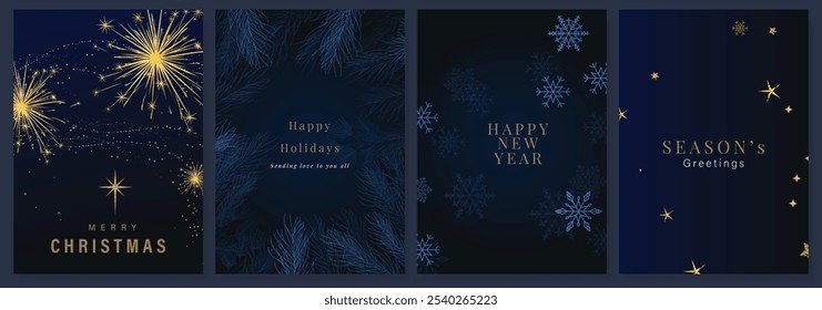 Vetor de design de cartão de convite luxuoso Happy Holidays. Elegante cartão de Ano Novo Feliz com ramo de folhas, textura de folha de ouro no fundo azul-marinho. Design para Saudação da Temporada, Natal, capa, cartaz.