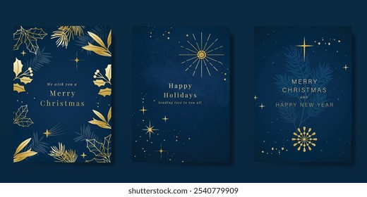 Christmas Luxury Happy Holidays invitation card design vector. Elegant Happy New Year card with little star, pine leaves, snowflake on navy blue background. Design for Season's Greeting, cover.