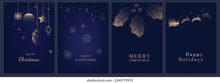 Vetor de design de cartão de convite luxuoso Happy Holidays. Elegante cartão de Ano Novo Feliz com pequena estrela, bauble, rena, lua no fundo azul-marinho. Design para Saudação da Temporada, Natal, capa.