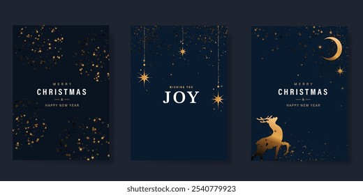 Christmas Luxury Happy Holidays invitation card design vector. Elegant Happy New Year card with little star, bauble, reindeer, moon on navy blue background. Design for Season's Greeting.