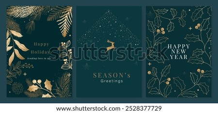 Christmas Luxury Happy Holidays invitation card design vector. Elegant Happy New Year card with leaves branch, snowflake, gold foil texture on red background. Design for Season's Greeting