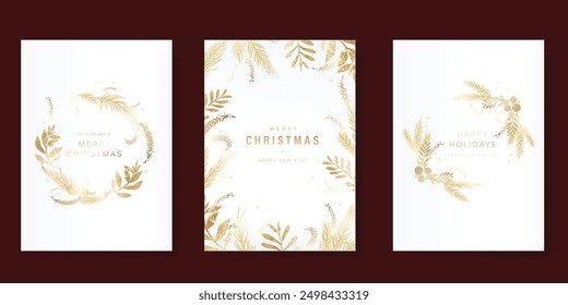 Christmas Luxury and Happy New Year card vector. Winter leaves branch, pinecone, flower, holly with gold foil texture on white background. Illustration for cover, print, poster, invitation.