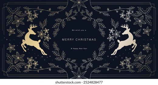 Christmas Luxury and Happy new year background folk design vector. Elegant holly leaves branch, reindeer, snowflake, flower on navy blue background. Design for wallpaper, banner, cover, website.