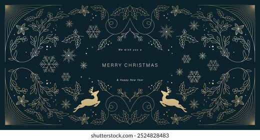 Christmas  Luxury and Happy new year background folk design vector. Elegant holly leaves branch, reindeer, snowflake, flower on navy blue background. Design for wallpaper, banner, cover, website.