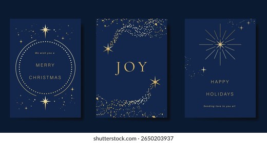 Christmas Luxury and happy new year holiday cover template vector set. Gold twinkling star on navy blue background. Design for card, corporate, season's greeting, wallpaper, poster.