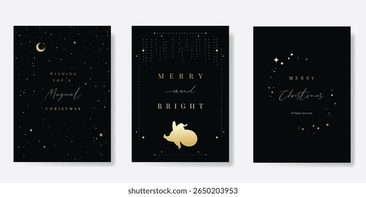 Christmas Luxury and happy new year holiday cover template vector set. Gold twinkling star on navy blue background. Design for card, corporate, season's greeting, wallpaper, poster.