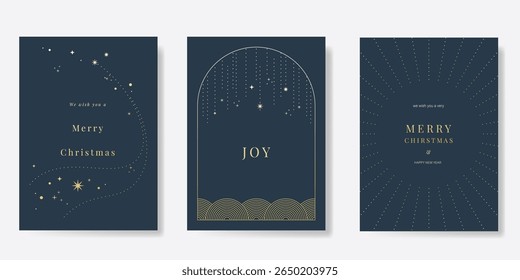 Natal de luxo e feliz ano novo feriado cobrir modelo vetor conjunto. Estrela cintilante dourada, linha pontual em fundo cinza. Design para cartão, corporativo, saudação da temporada, papel de parede, cartaz.