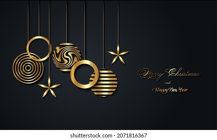 Christmas luxury holiday banner with gold handwritten Merry Christmas and Happy New Year greetings and gold colored Christmas balls. Vector illustration isolated on black background