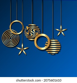 Christmas luxury holiday banner with gold Merry Christmas and Happy New Year greetings and golden colored Christmas balls. Vector illustration isolated on blue background