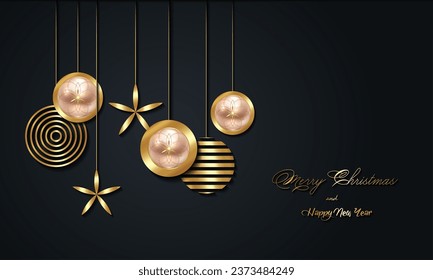 Christmas luxury holiday banner with gold handwritten Merry Christmas and Happy New Year greetings and gold colored Christmas balls. Vector illustration isolated on black background