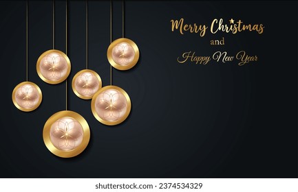 Christmas luxury holiday banner with gold handwritten Merry Christmas and Happy New Year greetings and gold colored Christmas balls. Vector illustration isolated on black background