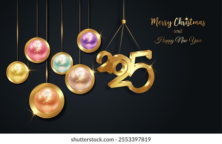 Christmas luxury holiday banner with gold handwritten Merry Christmas and 2025 Happy New Year greetings and gold colored Christmas balls. Vector illustration isolated on black background