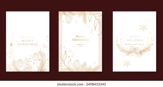 Christmas Luxury Merry  and Happy New Year card vector. Winter leaves branch, pinecone, flower, snowflake with gold foil texture on white background. Illustration for cover, print, poster, invitation.