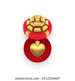 Christmas luxury open gift box with golden toy heart top view 3d icon realistic vector illustration. Xmas New Year premium greeting present surprise package with bow ribbon and festive holiday bauble