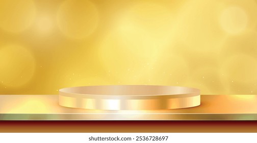 Christmas luxury podium 3D cylinder gold with decoration. Elegant pedestals for presentation products display, fashion showcase, banner cosmetic or promote christmas marketing and online shopping
