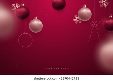 Christmas luxury red background with empty space for your design. Holiday Viva Magenta background with hanging rose gold and red balls. Hanging Ball motion blur effect.  