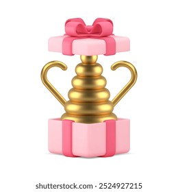 Christmas luxury surprise elegant feminine present 3d icon realistic vector illustration. Xmas New Year premium greeting composition open pink gift box with abstract golden spruce and candy cane