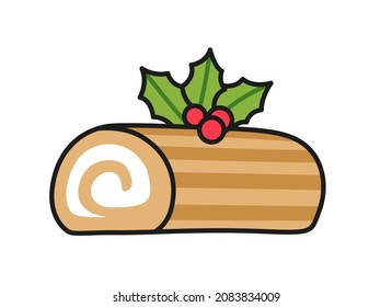 Christmas lyule log cake. Holiday decoration, traditional christmas treat, design element. Vector colored isolated illustration for pin, sticker, patch, badge, greeting card.