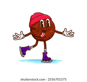 Christmas macadamia nut groovy character glides gracefully across the ice rink, wearing beanie and skates. Isolated cartoon vector personage is sticking out its tongue creating fun winter holiday vibe