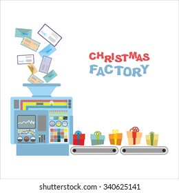 Christmas Machine. Processing Letters From Children Gifts. Automatic Sorting Of Incoming Mail For Santa Claus. Belt Conveyor With  Beautiful Gift Box.
