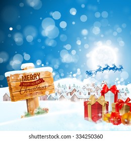 christmas magic background with gifts, santa and reindeer, snowy village and Christmas message sign