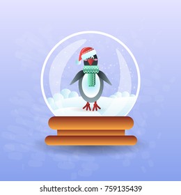Christmas Magic Ball With Pinguin Wearing Santa Hat Inside Flat Vector Illustration