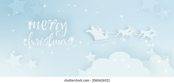 Weihnachtsmagie blauer Hintergrund mit Santa-Claus, Rentier und Schlitten auf Papier im Kraftzeitstil