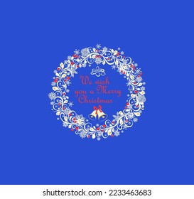 Christmas magic blue greeting card with decorative holly or mistletoe white craft wreath with red berries, snowflakes and jingle bells