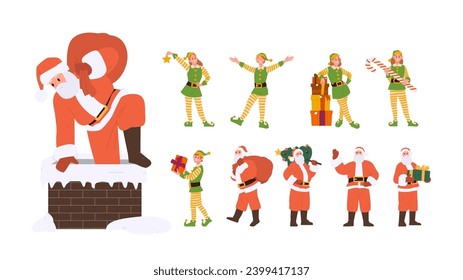 Personajes mágicos de Navidad ambientados con Santa Claus y ayudante de elf haciendo diferentes actividades