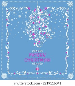 Christmas magic craft pastel blue greeting card with hanging decorative bunch of mistletoe with pink berries