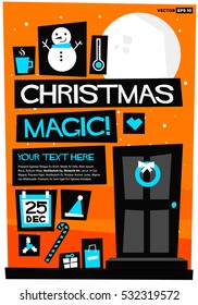 Christmas Magic! (Flat Style Vector Illustration Holidays Quote Poster Card Design) With Text Box Template