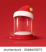 Christmas magic glass dome with white snowball, blank template. Santa Claus hat. Festive New year realistic 3d design. Xmas Mack up Crystal ball. Red background. Vector illustration