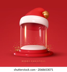 Christmas magic glass dome with white snowball, blank template. Santa Claus hat. Festive New year realistic 3d design. Xmas Mack up Crystal ball. Red background. Vector illustration