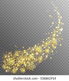 Christmas Magic Glitter Sparkles and snowflakes on transparent background. Shining Swirl Light. Vector Illustration.