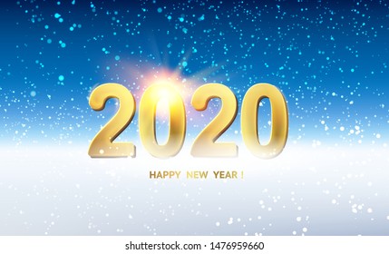 Christmas magic glow. Fantasy holiday blue background. Hapy new year greeting card. Vintage card with golden 2020 sign . Vector illustration.