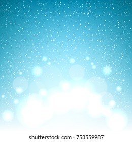 Christmas magic glowing snow circle blue bokeh background. Falling snowflakes azure backdrop. Winter decoration design template