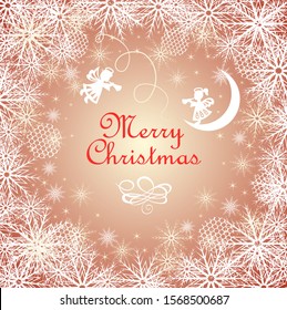 Christmas magic greeting golden card with snowflakes and paper cutting little angels