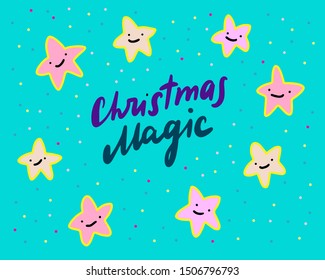 CHristmas magic hand drawn vector illustration in cartoon style. Shining tender stars smiling pastel colors pink
