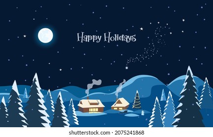 Christmas magic night landscape vector background. Winter holidays wonderland cartoon illustration. Rural house in snowy pine wood. Snowfall at Christmas eve festive celebration. Xmas fairytale scene