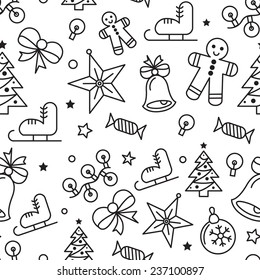 Christmas magic pattern with different winter attributes, such as jingle bell, christmas tree, star, sleigh. Vector illustration