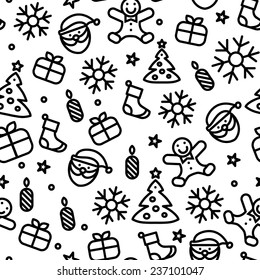 Christmas magic pattern with different winter attributes, such as snowflakes, christmas tree, Santa Claus, Christmas gifts, Christmas Stocking and candle. Vector illustration